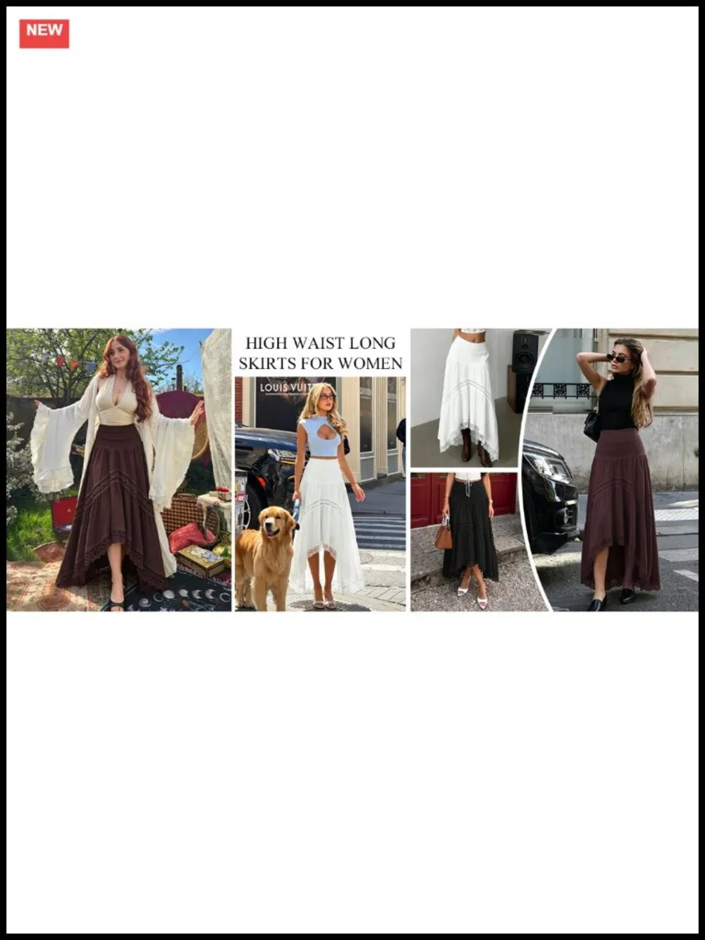 Womens Boho Maxi Skirt High Waist Flowy A-Line Long Skirt Smocked Lace Trim